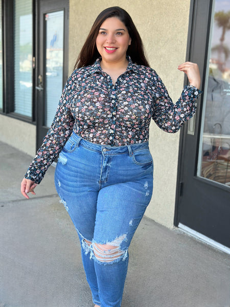 “Hermosa Mujer!” Sheer/ Mess Button Down Top (Navy Blue)