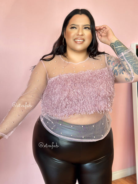 “I Just Want To Get Your Attention!” Sheer Pearl Fuzzy Top (pink)