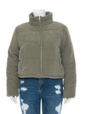 Corduroy Puffy Mid Crop Jacket with Adjustable Elastic Waists Drawstrings