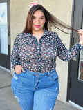 “Hermosa Mujer!” Sheer/ Mess Button Down Top (Navy Blue)