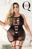 Halter Neck Ripped Fishnet Bodystocking with Attached Garter Tights